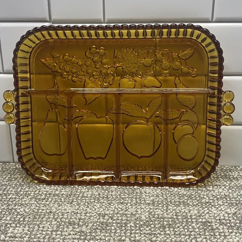 Vintage Glass Amber Fruit Platter Charcuterie Tray‎ Handles